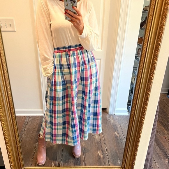 Vintage blue pink white turquoise pull on plaid skirt buttons all the way down - Picture 1 of 13
